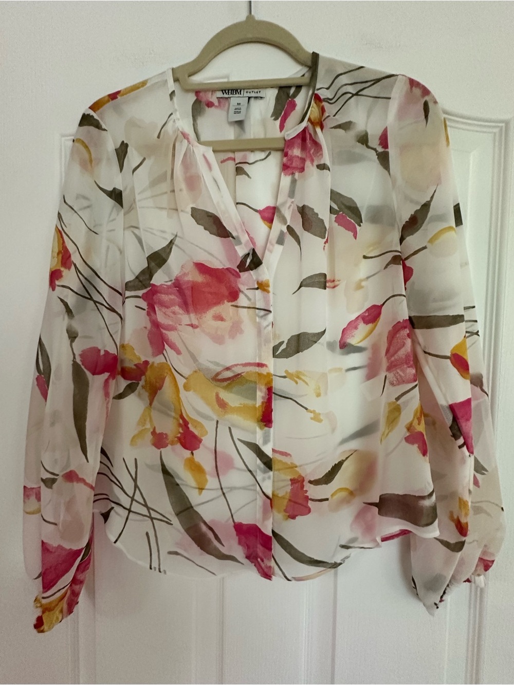 White House Black Market Sheer Floral Blouse in White, Pink & Yellow